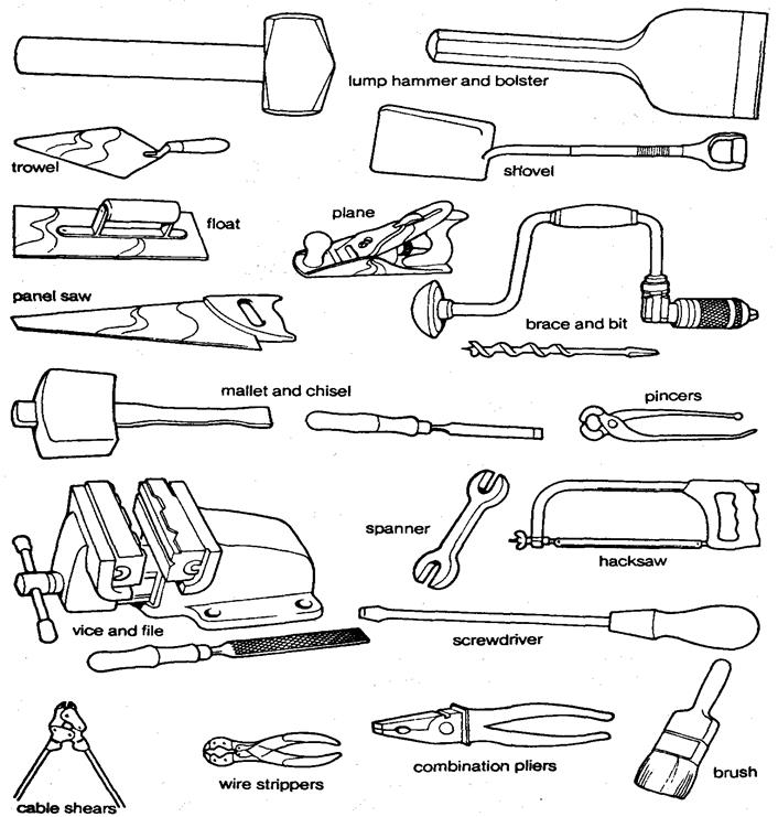 The tools and instruments used in building construction.
