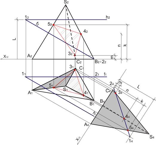 Проекция в геометрии 8. Начертательная геометрия проекция пирамиды. Пересечение конуса с плоскостью фронталь и горизонталь. Мнимая точка в начертательной геометрии.