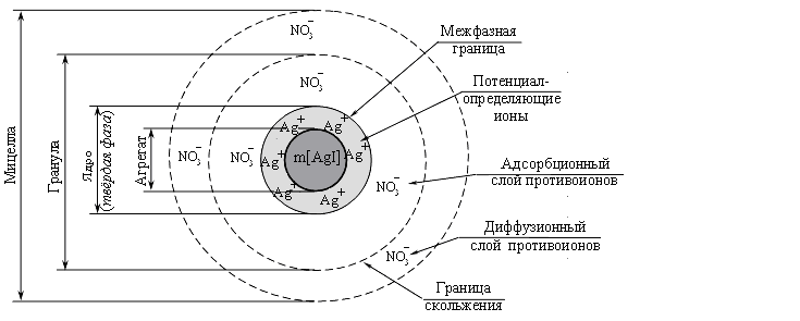 Схема строения коллоидной частицы с двойным электрическим слоем