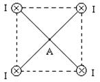 Четыре одинаковых проводника. Индукция магнитного поля в центре квадрата. Индукция в центре квадрата. Магнитная индукция в центре квадрата. Перпендикулярно плоскости чертежа в Вершинах квадрата расположены.