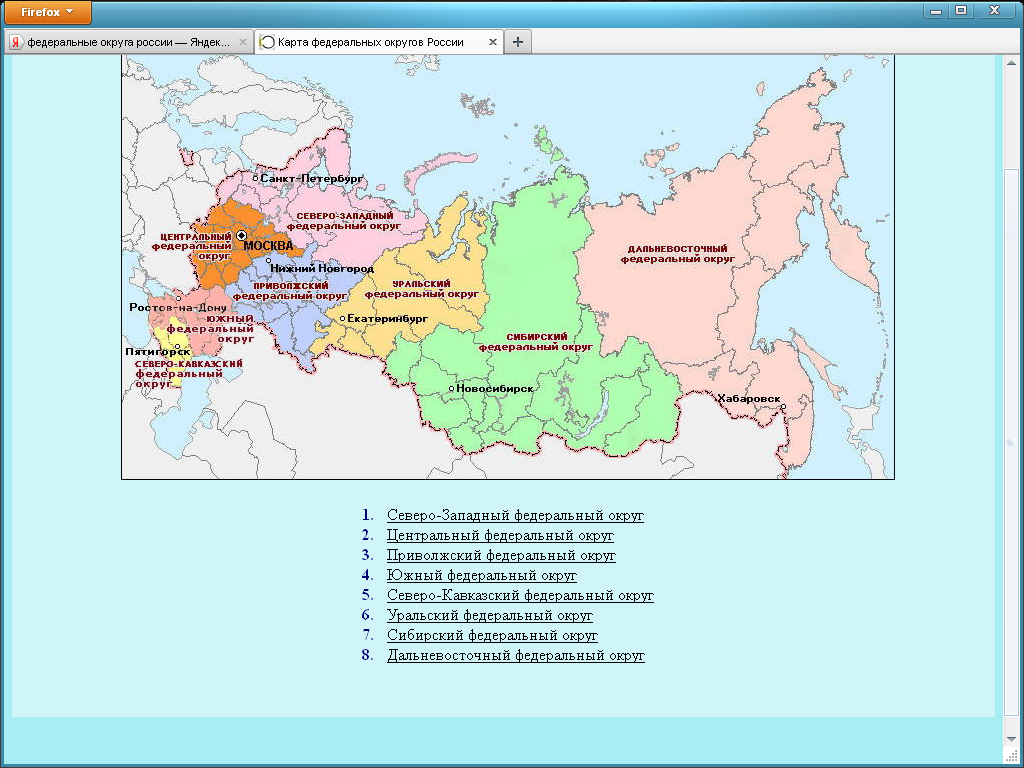 Федеральные округа Российской Федерации и их центры на карте. Субъекты РФ, входящие в федеральный округ.