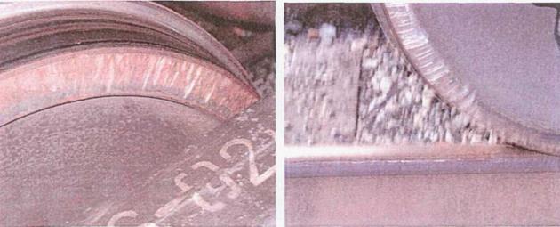 Кольцевая выработка на колесе. Выщербина более 10 мм. Кольцевые выработки на поверхности катания колеса. Кольцевые выработки от тормозных колодок на поверхности катания. Следы схода на колесной паре.