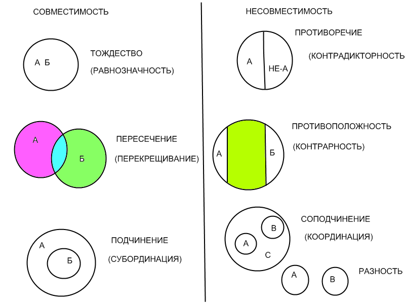 Приведите примеры понятий отношения между объемами которых изображены на рисунке