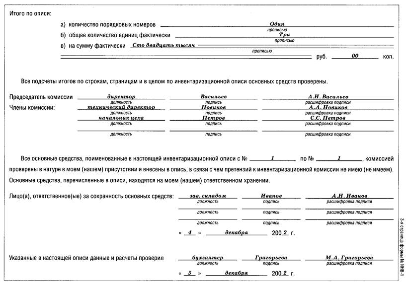 Инвентаризационная опись образец