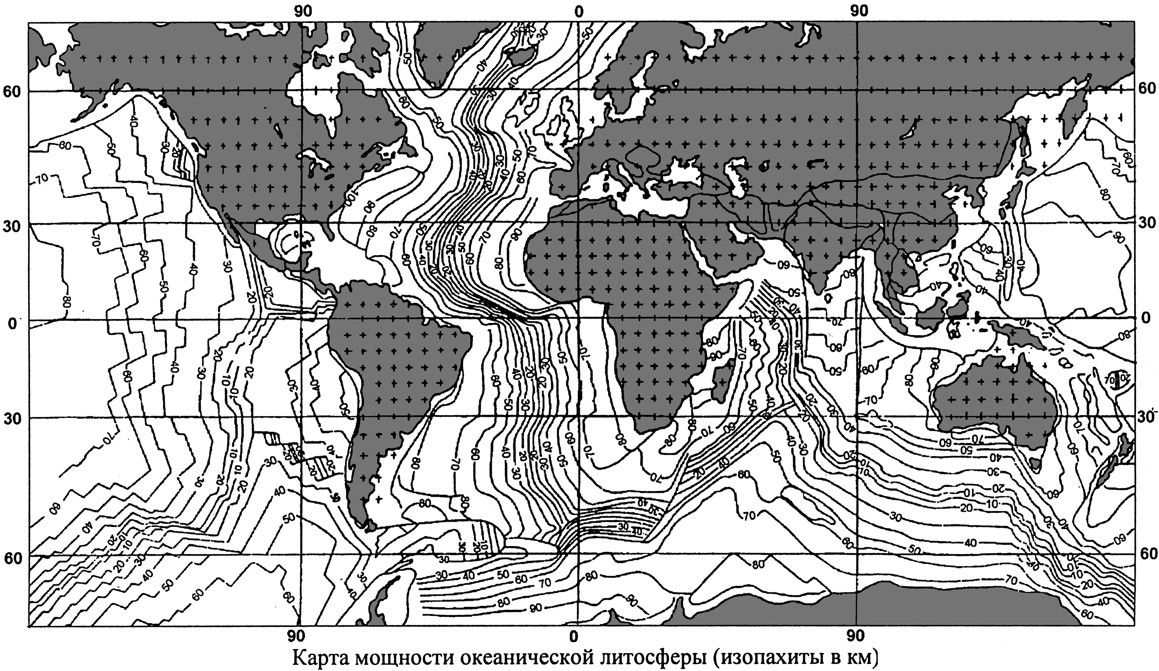 Кристаллический фундамент карта. Карта мощности океанической литосферы. Карта изопахит. Изопахиты в геологии это. Карта мощностей.