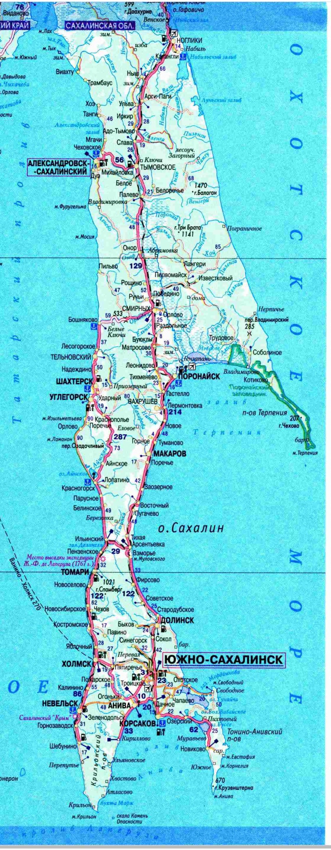 Город южно сахалинск на карте россии. Ноглики на карте Сахалина. Сахалин карта с городами и поселками Ноглики. Карта автодорог Сахалинской области. Карта Сахалина подробная с дорогами.