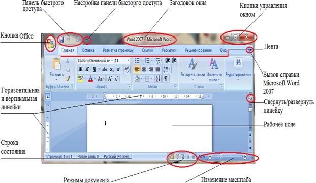 Какой пункт меню позволяет настроить панель. Рабочее окно ворд 2007. Рабочее окно MS Word 2007. Панель управления ворд 2007. Элементы окна ворд 2007.