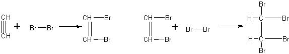 Обесцвечивают бромную воду и перманганат калия. Реакция взаимодействия ацетилена с бромом. Реакция ацетилена с бромом. Взаимодействие ацетилена с бромом 2 стадии. Взаимодействие ацетилена с бромной водой.