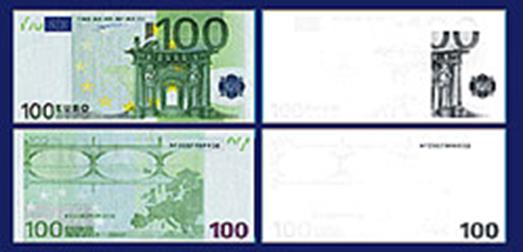 Оборотная сторона купюры. 100 Евро с лицевой стороны. Оборотная сторона купюры евро. 100 Евро защитные элементы. Защитные знаки на деньгах 100.