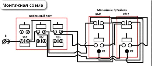 Схема реверса трехфазного двигателя и кнопочного поста