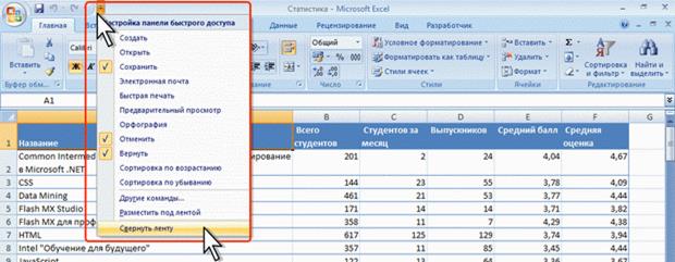 Как можно свернуть и развернуть ленту в эксель