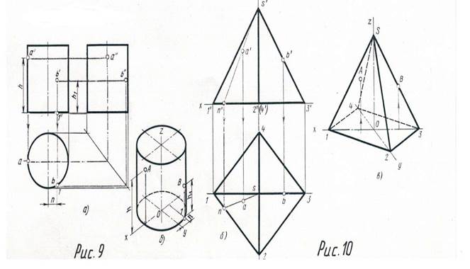 Построить в трех проекциях геометрические тела на чертеже сверху найти проекции точек расположенных