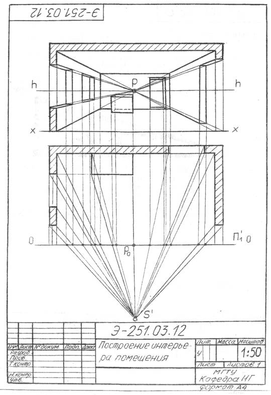 Интерьер с одной точкой схода начертательная геометрия