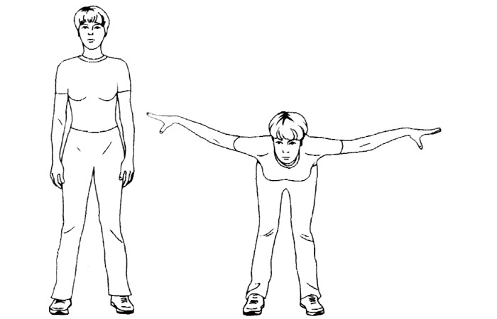 Рисунок исходное положение. Ноги на ширине плеч. Наклон вперед руки в стороны. Наклон туловища вперед руки в стороны. Ноги на ширине плеч руки вдоль туловища.