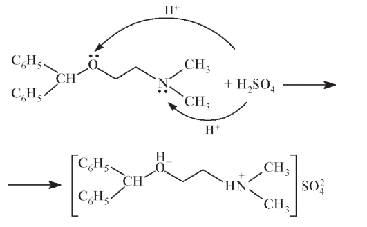 Димедрол подлинность реакции. Димедрол образование оксониевой соли реакция. Дифенгидрамин реакция подлинности. Димедрол с серной кислотой реакция.